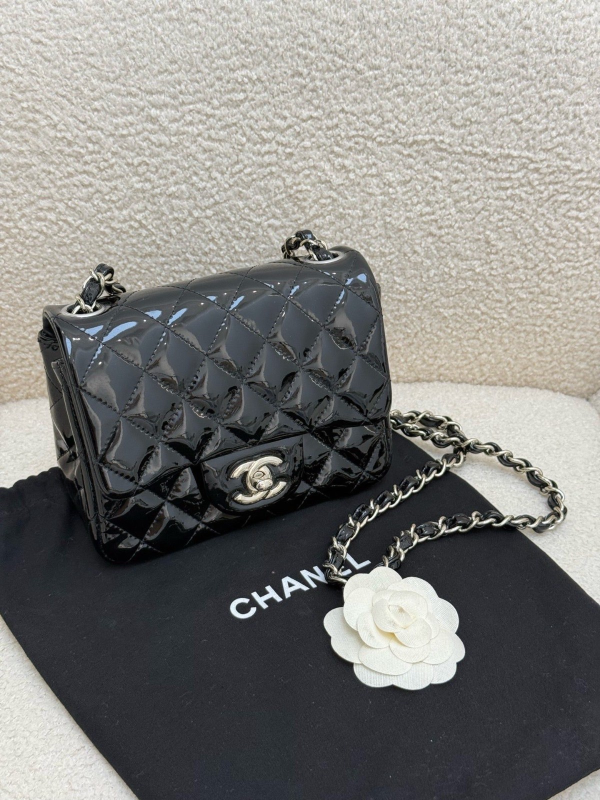 AUTHENTIC CHANEL Square Mini Flap Bag Black Patent Leather Silver Hardware
