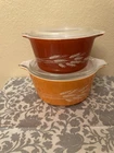 Vintage PYREX Autumn Harvest Orange Brown Glass Round Casserole Dish Set w/ Lids