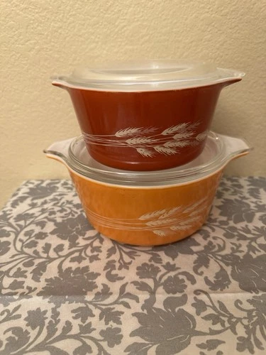 Vintage PYREX Autumn Harvest Orange Brown Glass Round Casserole Dish Set w/ Lids