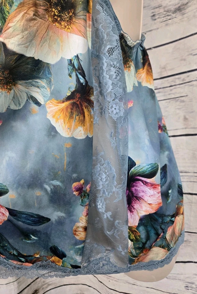 Cacique Blue Watercolor Floral Pajamas Set 18/20L Cami Pants Lace Trim - Image 4 of 4