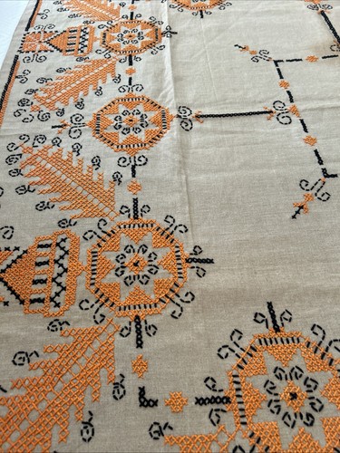 Tovaglia vintage tutta fatta a mano Nat in lino marrone cucito a croce e orlo 50x49" - Foto 7 di 14