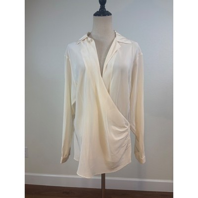NWT Lauren Ralph Lauren silk Wrap Blouse Women 12 Cream Classic luxury old money