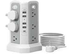 Surge Protector Power Strip Tower with USB C Port(PD18W),10FT Gray White