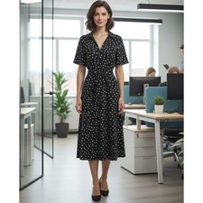 ASOS DESIGN Curve Midi Shirt Dress 14 Black Polka Dot Office Rockabilly Retro