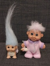 3" Russ Berrie Vintage Troll Dolls Pink Pajamas Baby W/Bottle  2" Crawling Baby