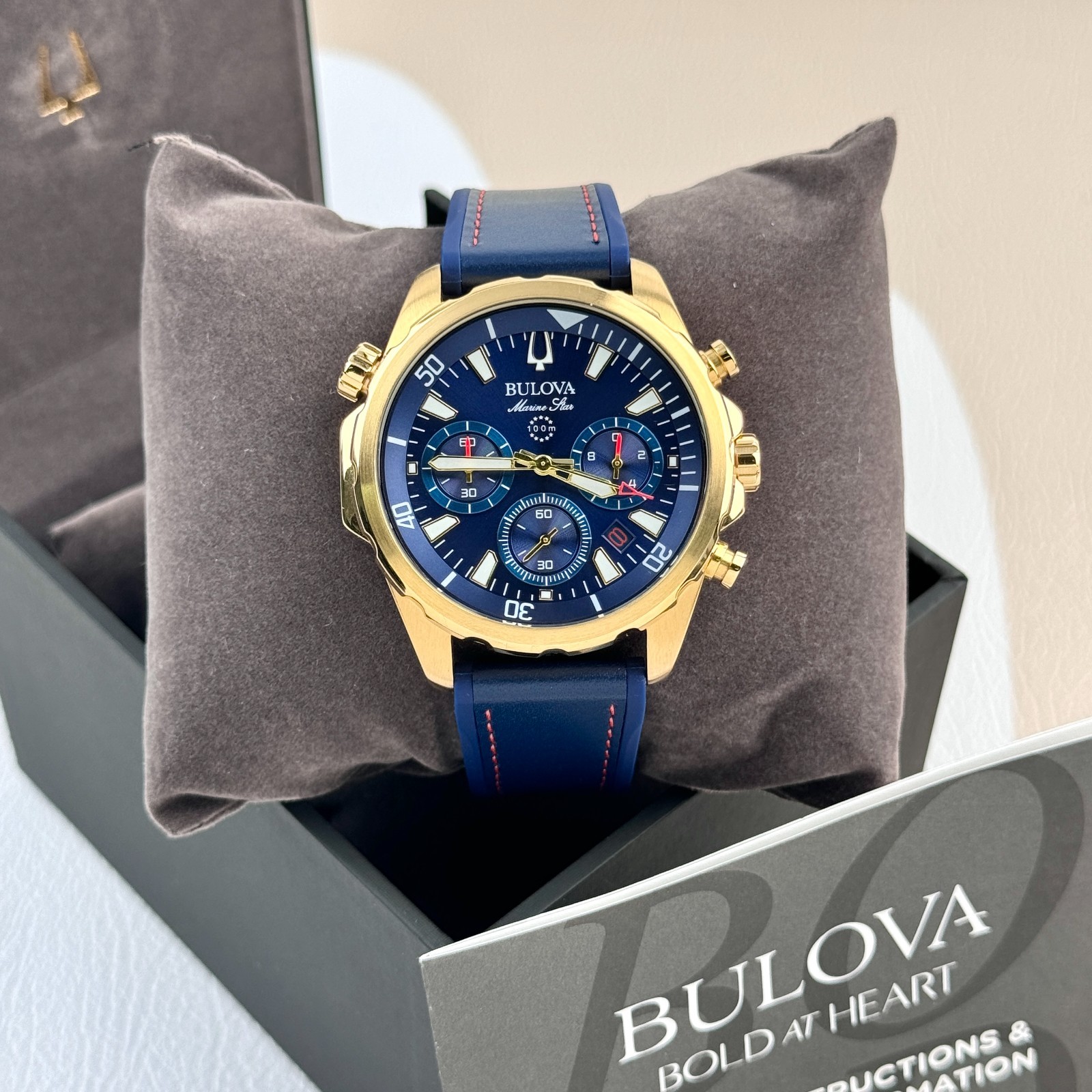 Bulova Men's Marine Star Blue Gold Dial Silicone Strap Chronograph ...