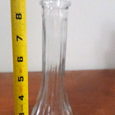 Clear Ribbed Glass Bud Vase w/ Narrow Neck, 8 in Tall Decorative Vase