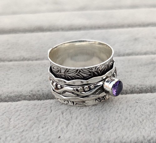 Amethyst Spinner Ring 925 Sterling Silver Lovely Gemstone Color Size 9 MO1000 - Picture 2 of 6