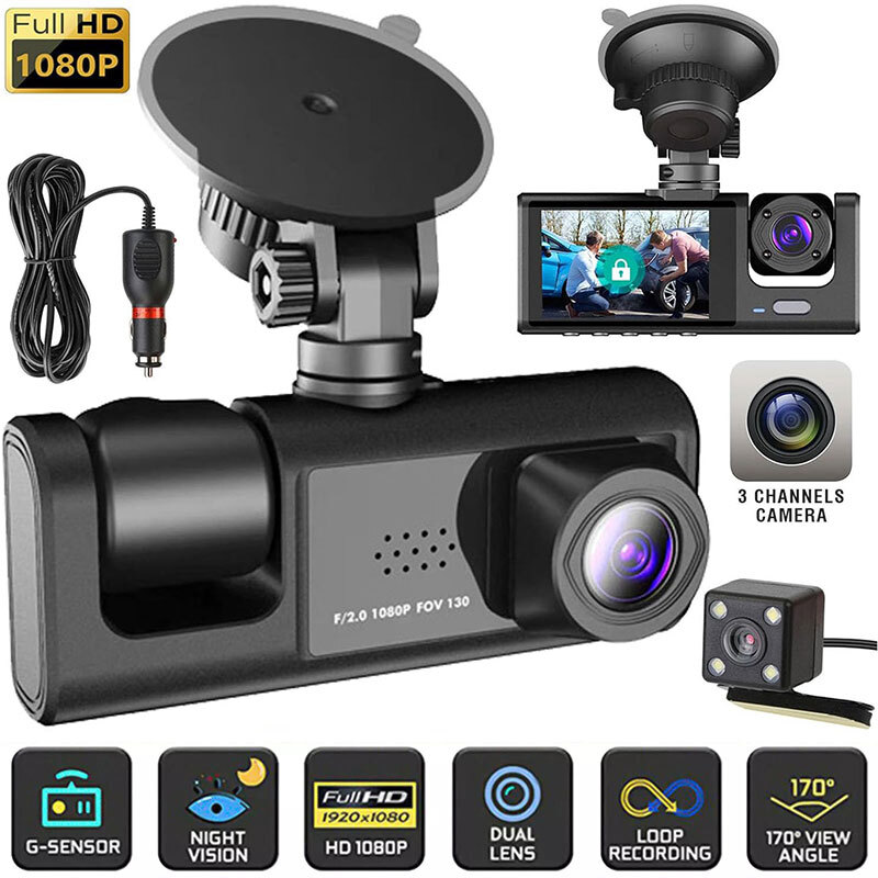 1080P Dual Lens Dash Cam with G-Sensor for Front Rear Inside Recording-image