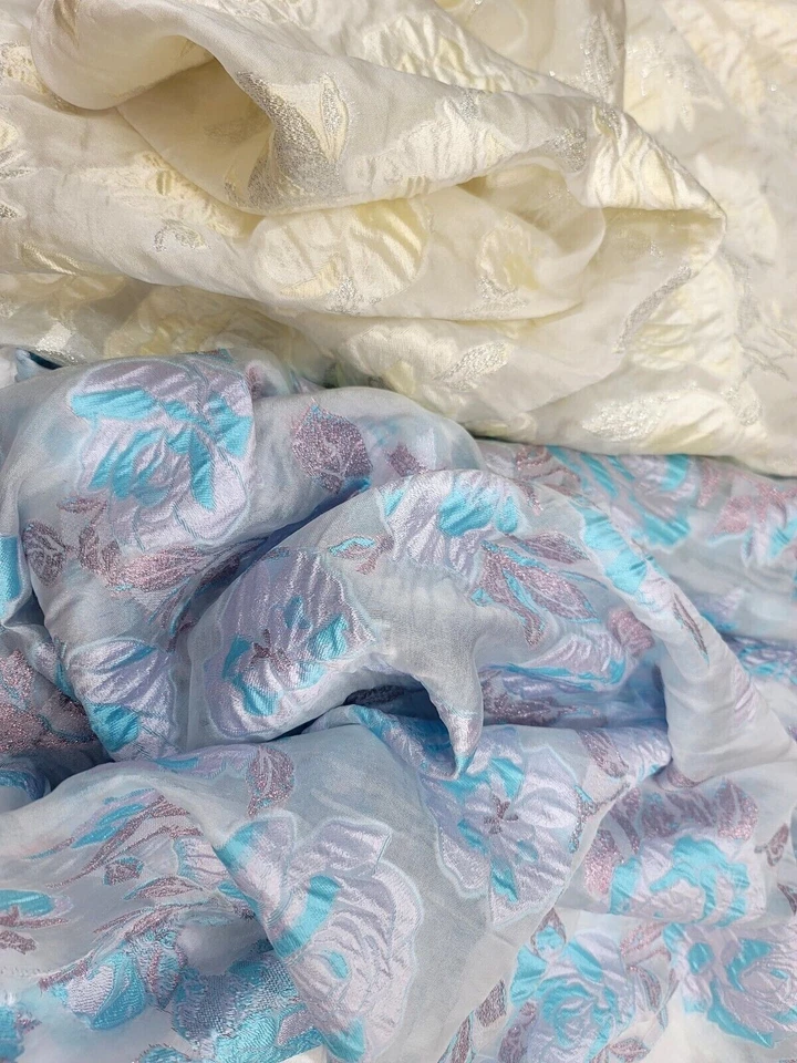 Brocade Lavender Blue Floral Flowers Fabric By The Yard White Organza For Dress - Image 4 of 4