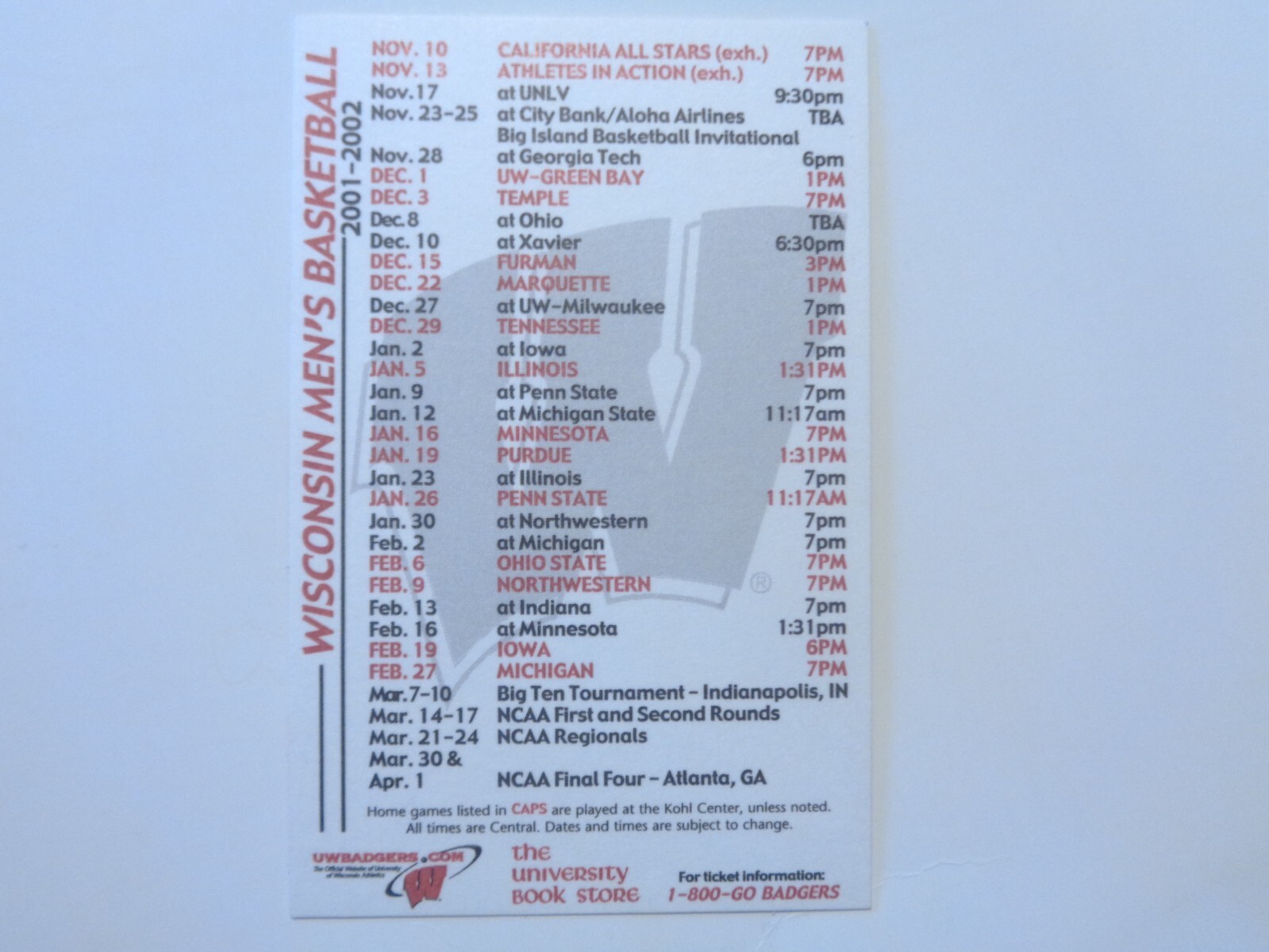2001 University of Wisconsin Badgers Basketball Schedule, University ...