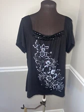 Gitano Womens Black Beaded Plus Size Shirt 22/24