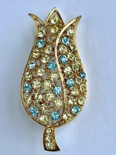 Lisner Gold Rhinestone Brooch Floral Leaf 2-7/8” 22g Pastel Stones Vtg Large