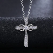 0.25Ct Moissanite Delicate Infinity Cross Pendant Necklace - 14K White Gold Over
