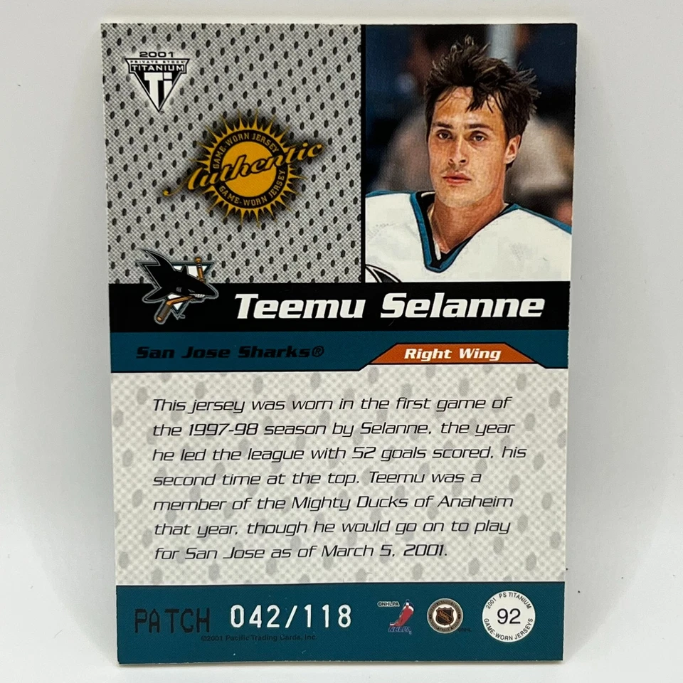 2000-01 Pacific Titanium Draft Day Patches Teemu Selanne #92 /118 - Image 2 of 2