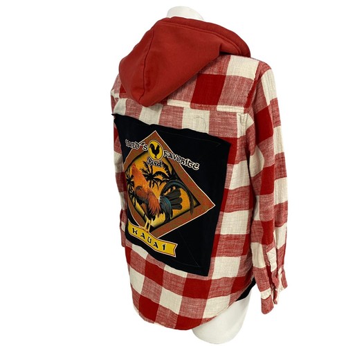 Upcycled Flannel Shirt Women XL Shacket Kauai Rooster Red Country Grunge Farm - Picture 7 of 15