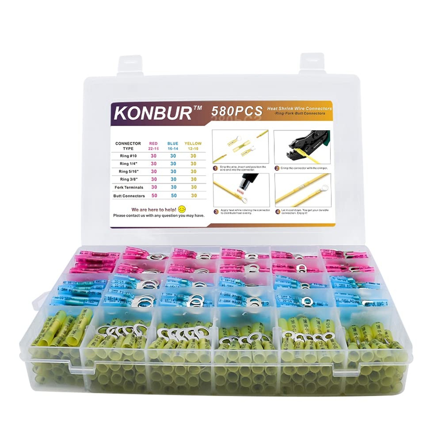 580Pcs Heat Shrink Wire Connectors - Insulated Electrical Terminals Kit - Wat...