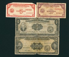 ((FOUR NOTES)) 5/ 1 Pesos / 5/ 10 centavos 1949 Central Bank of the Philippines
