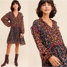 Anthropologie Helene Tunic Dress Floral Ruffle Trim Balloon Sleeve Mini Boho, XS