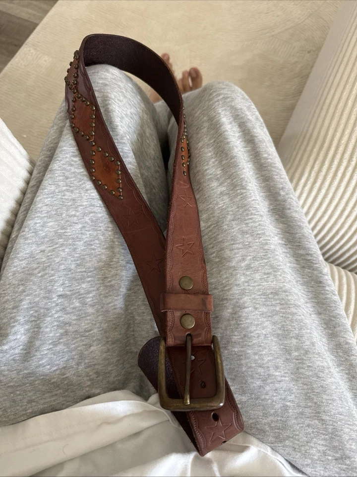 Linea Pelle Leather Belt Brown Studded Western Star Embossed Brass Buckle Size M - Image 2 of 4