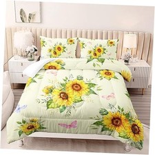 3 Piece Sunflower Comforter Sets Size,Vintage Floral Bedding Set Queen Yellow