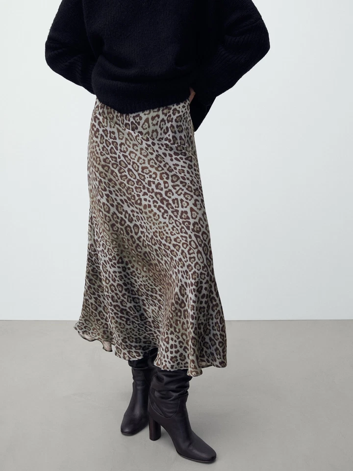 Massimo Dutti Blue Brown Animal Print Slip A-line Satin Midi Skirt K14 EU42 L - Image 2 of 4
