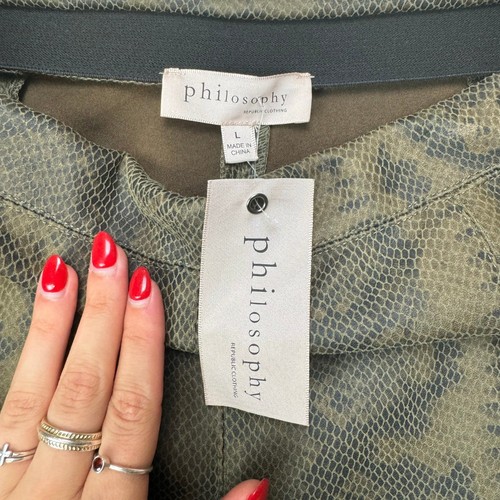 Pantalones ajustados Philosophy L marrón oliva estampado piel de serpiente imitación cuero nuevos con etiquetas - Imagen 6 de 10