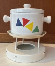 Vintage Atomic Triangle Mid Century Modern Enamel Fondue Pot Set Preowned
