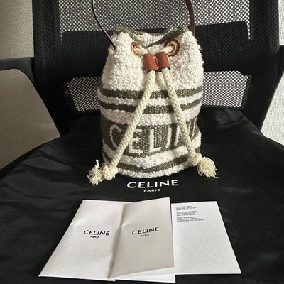 CELINE Teen Drawstring Bag White Green Bucket Handbag Used