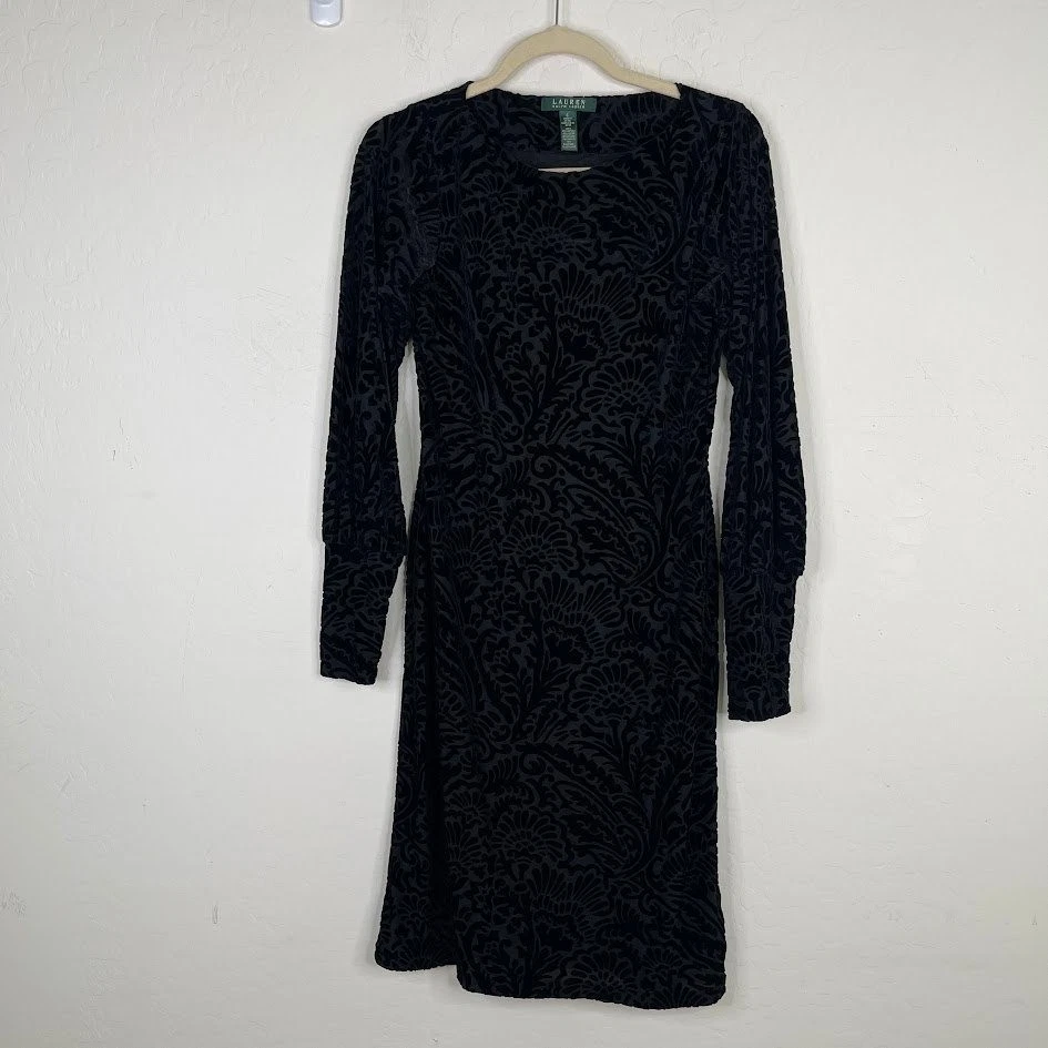 LRL Ralph Lauren Mujer Terciopelo Floral Vaina Vestido Capricho Fiesta Negro Talla S Foto 2 de 4