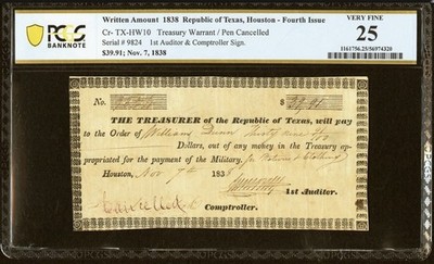 Republic of Texas 1838, Houston Treasury Warrant Government $39 Banknote, PCGS