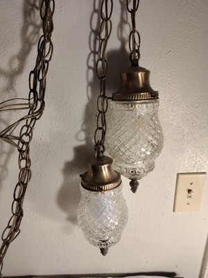 Vintage MCM Double Swag Hanging Pendant Lamps 5 Ft Chain Each Lattice Pattern