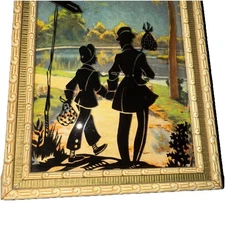 Vintage Reverse Shadow Silhouettes on Curved Convex Glass of Man & Boy 