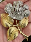 Trifari Signed Vintage Gold & Silver Tone Rose Flower Brooch Pin Costume Jewelry