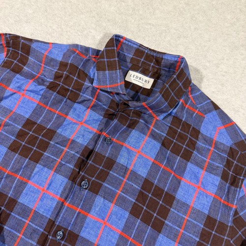 Alden, Ledbury Alden Shirt Mens 17.5-35 Blue Brown Plaid Linen Blend
