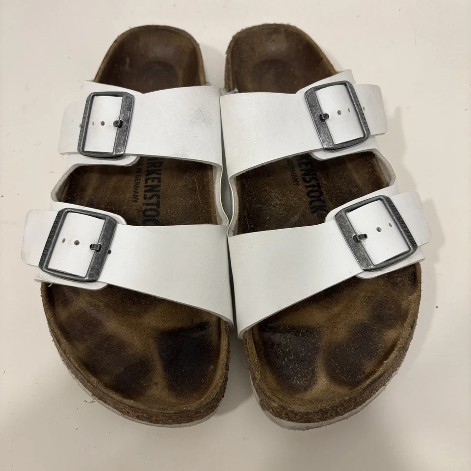 Sandalias Birkenstock Arizona Birko Flor para mujer EE. UU. 9 UE 40 cuero blanco suela de corcho Foto 4 de 4