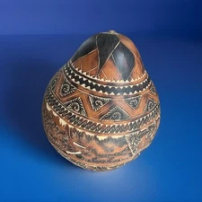 Hand Carved Gourd from Peru - 7”Folk Art Mate Burilado - Andean Village Scene