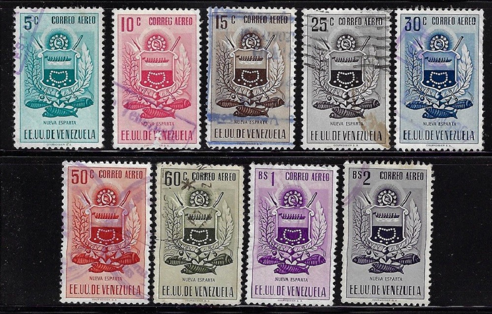 Venezuela: 1951; Nueva Esparta, Scott C536-C544, only airmail, Used, EBMO01