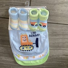 NEW 0-9 MO. BOY'S THEMED 5 PIECE BIBS SOCKS SET 3 BIBS 2 SOCKS