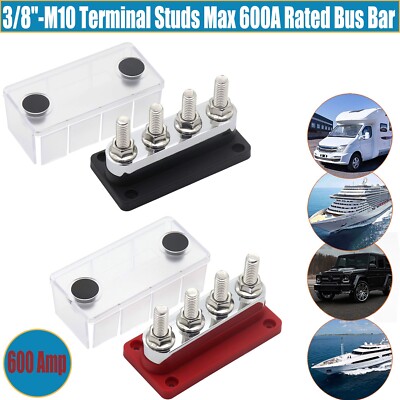 600A 4 Point Power Post Junction Distribution Block Bus Bar /w Cover Black&Red