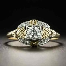 Vintage Art Deco Style Round Lab Created Diamond Engagement 14K Gold Finish Ring
