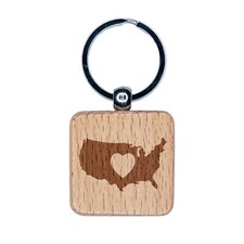 USA United States of America Country with Heart Engraved Wood Square Keychain