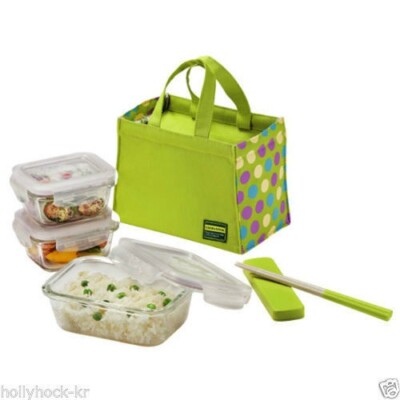 Lock & Lock Eco-friendly Heat Resist Euro Lunch Box Set + Green Dot Pattern Bag