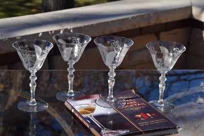 Vintage Etched CRYSTAL Cocktail Martini Glasses, Cambridge 1950's