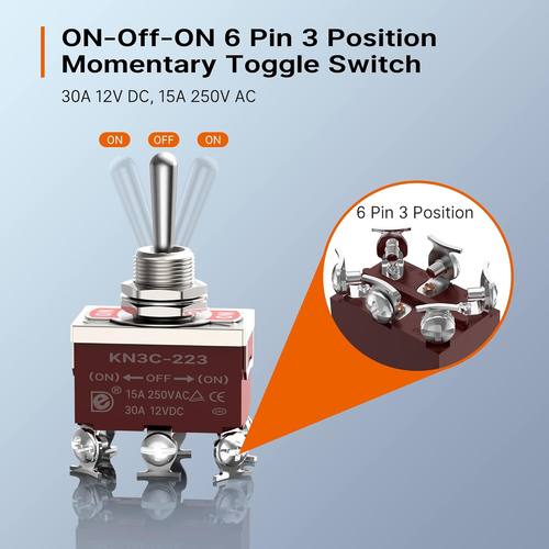 Momentary Toggle Switch 12V DC 3 Way 30 Amp DPDT 6 Pin (ON)-Off-(ON) Waterproof - Picture 3 of 12