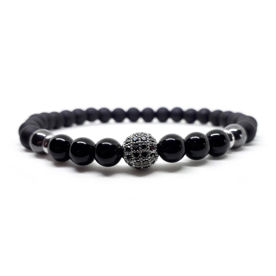 Bracciale con Sfera Pavè Argento e Zirconi neri nero perle Ematite da Uomo Donna - Immagine 4 di 4