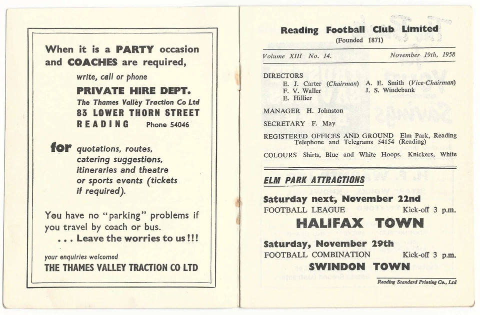 VINTAGE FOOTBALL PROGRAMME READING v WATFORD 19th NOVEMBER 1958 - Image 2 of 4