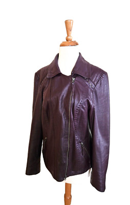 Genuine Leather Soft BONITA Dark Purple Moto Lined JACKET Faux Fur Unisex 40