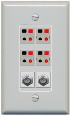 RiteAV 4 Speaker 2 Port Coax Cable TV Wall Plate - 1 Gang [Gray/Gray]