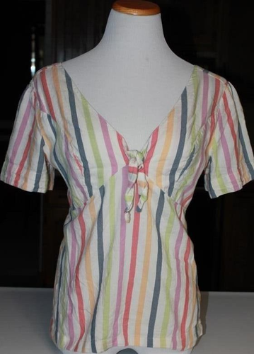 Old Navy Womens Blouse Top Sz M Short Sleeve Multicolor Stripe Boho Peasant Top - Picture 2 of 7